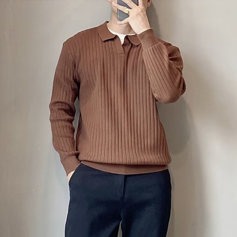轻熟风坑条肌理感v领毛衣男士高级感秋季穿搭韩版针织polo衫上衣 - 图0