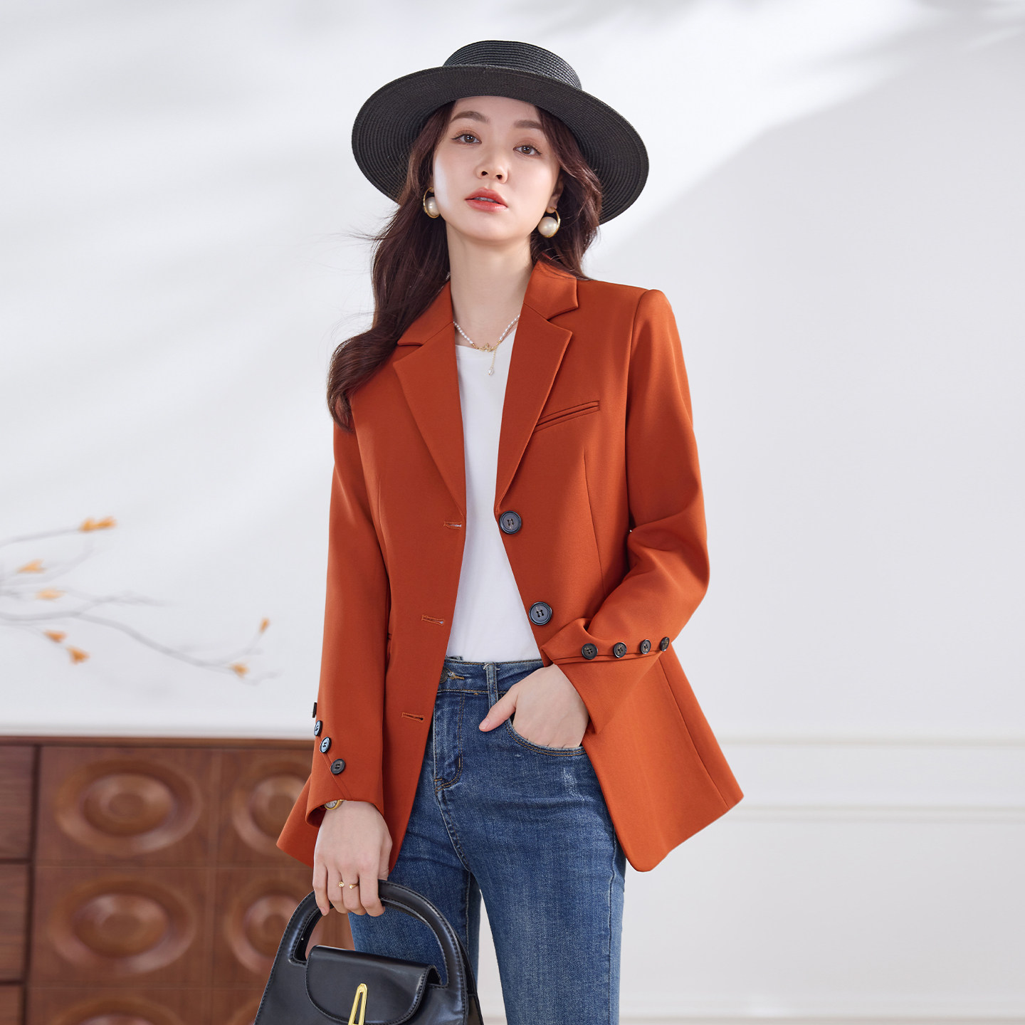 洋气时尚橘红色西装外套女春季新款三粒扣休闲通勤气质西服上衣,淘宝优惠券,粉丝福利购,淘宝优惠卷