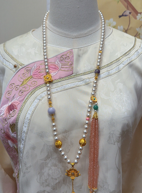 新中式中长款项链国风珍珠项链女璎珞背云配饰马面裙配饰珠链