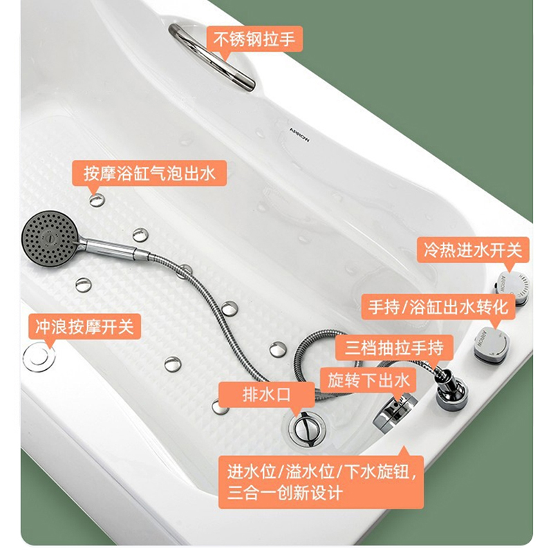 箭牌浴缸家用成人小户型加厚保温亚克力按摩池1.5/1.6/1.7米浴盆