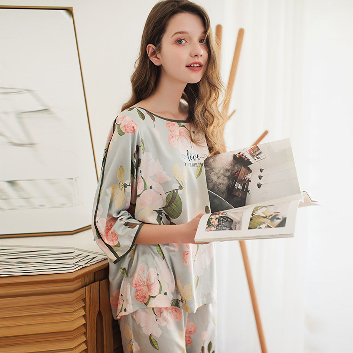 芬腾夏季仿真丝绸性感冰丝韩版睡衣 芬腾润诚睡衣/家居服套装