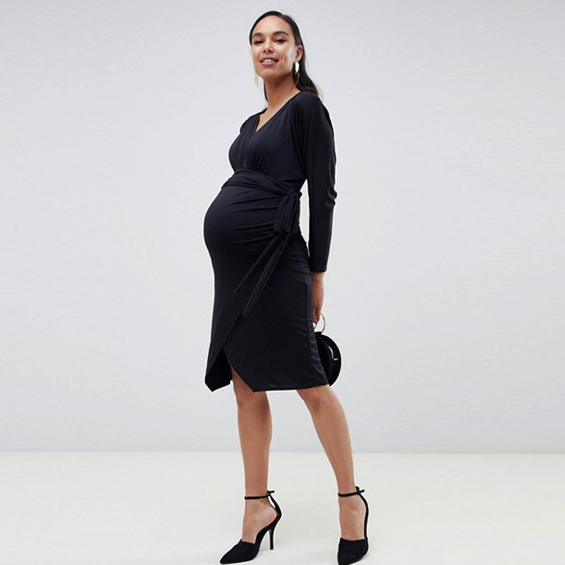 欧美孕妇装春装新款 性感V领连衣裙修身收腰显瘦礼服长袖中长款裙 图2