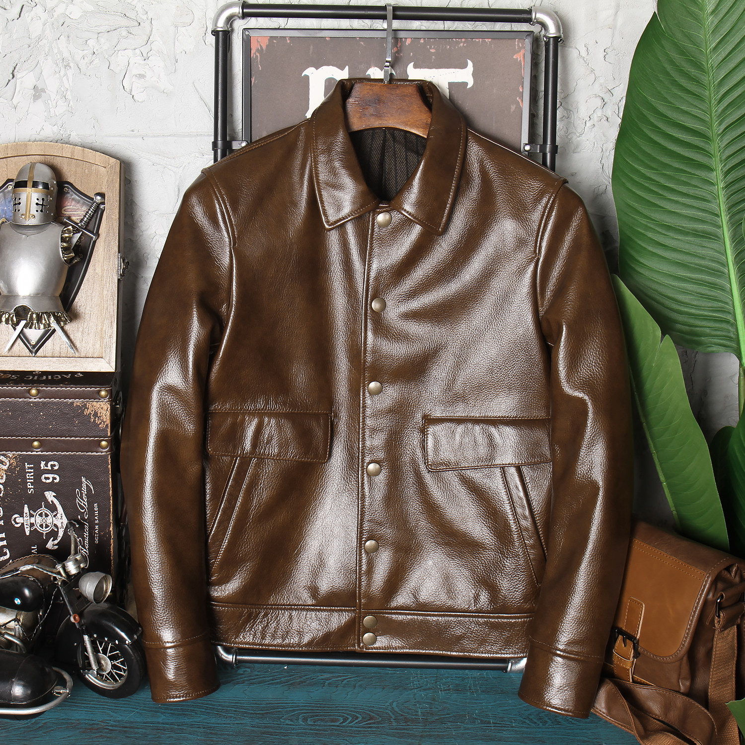 蜡染柔软头层小牛皮男短款a2皮夹克 华雷立国皮草皮衣