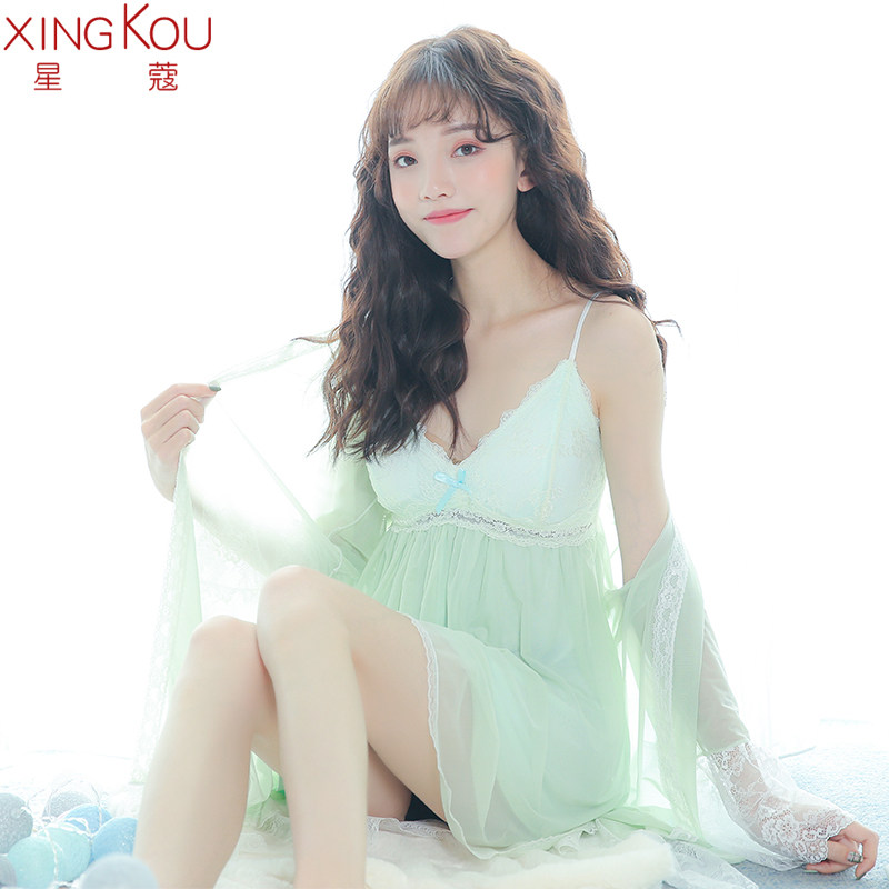 性感春秋带胸垫两件套冰丝蕾丝睡裙 星蔻睡裙