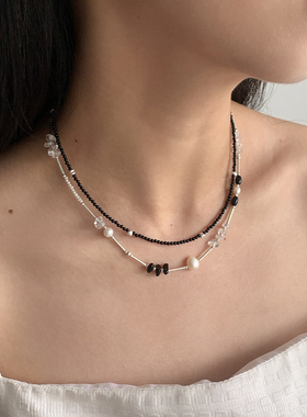 原创黑玛瑙水晶手工串珠项链s925