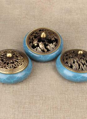 彩绘蓝铜平底香炉摆件 铜香炉摆件五福临门款鸳鸯款牡丹款