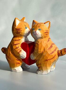 纯手工木雕情侣见证美好爱情的小猫咪一对可爱讨喜书房桌摆礼物