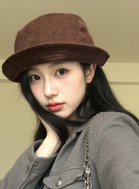 复古灯芯绒宽檐显脸小女盆帽
