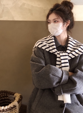 条纹披肩宽边前襟系带简约外搭女