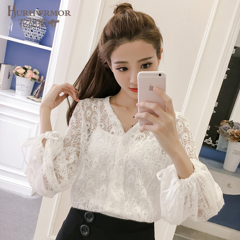 黑色蕾丝2020秋季新款气质v领衬衫 花胡猫蕾丝衫/雪纺衫