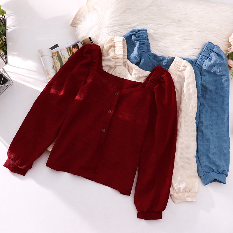 法式方领短款女2020早秋新款衬衫 花胡猫衬衫