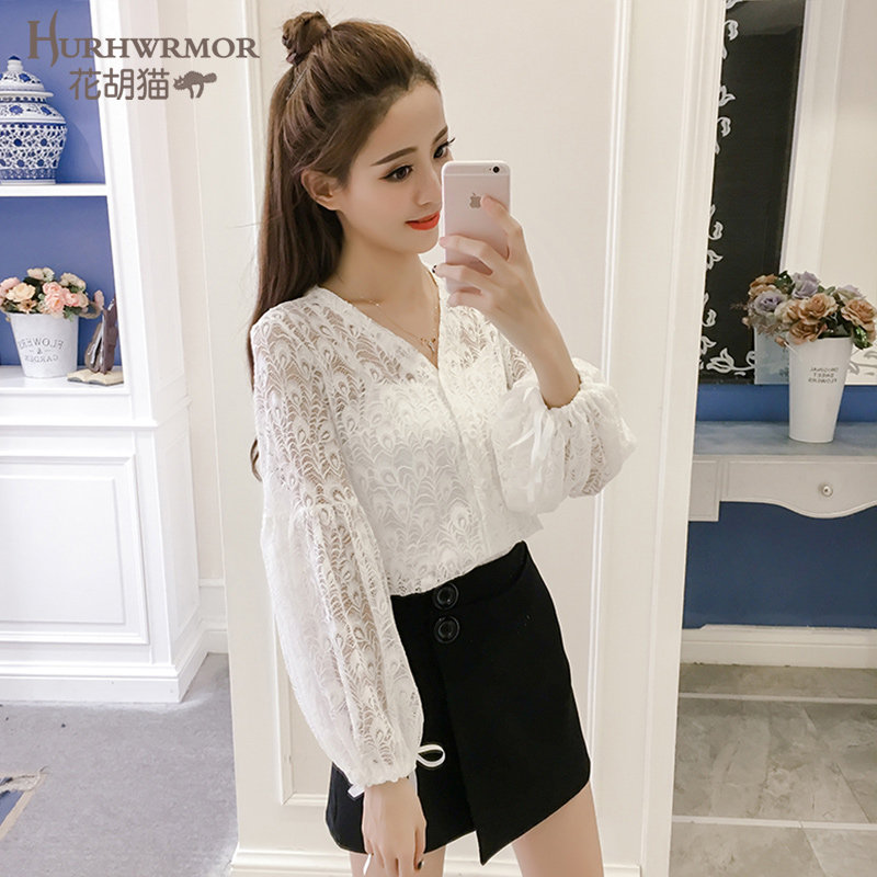 黑色蕾丝2020秋季新款气质v领衬衫 花胡猫蕾丝衫/雪纺衫