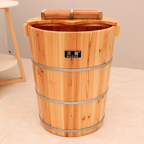 沐者泡脚木桶足浴木桶膝盖养生足浴店中药熏蒸成人泡脚45cm高带盖 - 图2