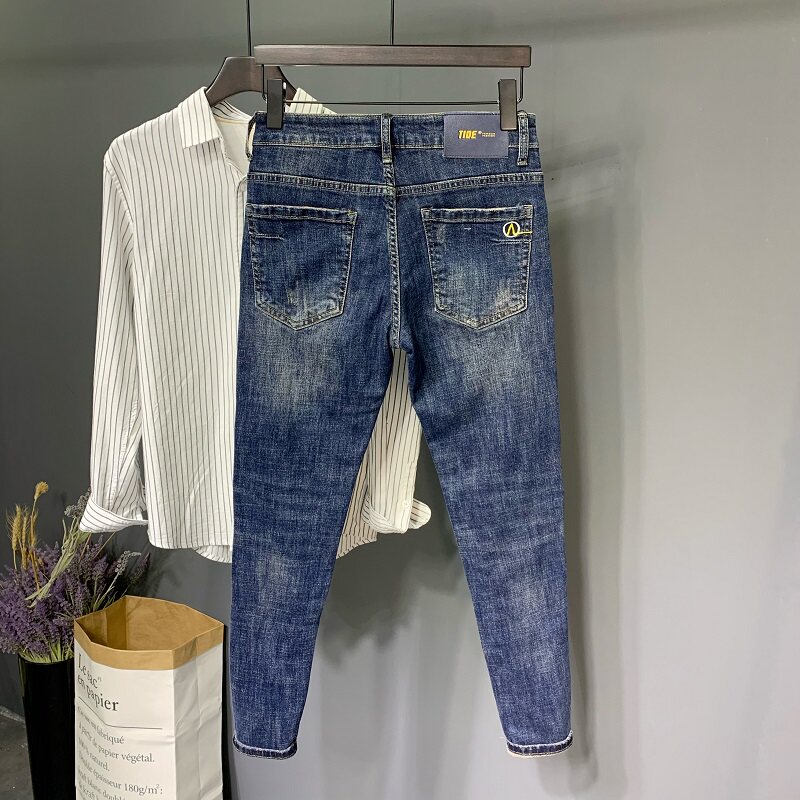 Men's jeans summer slim fit embroidered ninth pants