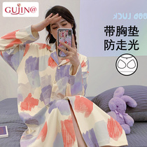 With Chest Cushion Sleeping Skirt Woman style Autumn Winter Style Pure Cotton Long Sleeves Brief Casual Superior Sensual Pyjamas Woman Full Cotton Home Conserved Summer