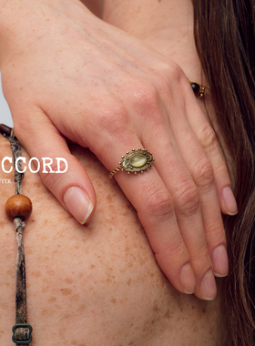 现货26SS新款DACCORD仲夏绿猫眼石镶嵌细圈镀金戒指复古做旧小众