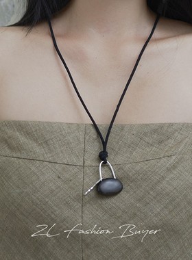 现货DACCORD锁扣钥匙吊坠黑色皮绳银色长款项链个性25SS新款