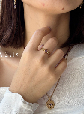 现货LA2L法国纯手工雕花紫水晶镶嵌复古精致高级开口戒指POUR TOI