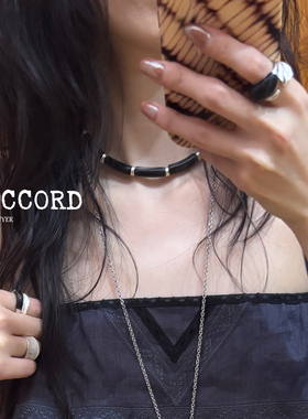 现货26SS新款DACCORD黑色牛角银珠立体拼接宽版项链中性复古高级