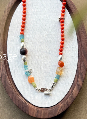 现货Ensage纯银橙色玛瑙琉璃珠橄榄石不规则串珠高级小众项链