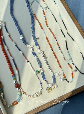 现货Ensage日本纯银彩色琉璃珠串珠链游牧民族风高级小众复古项链