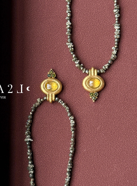 现货LA2L法国天然黄铁矿椭圆黄水晶镶嵌复古项链纯手工POUR TOI