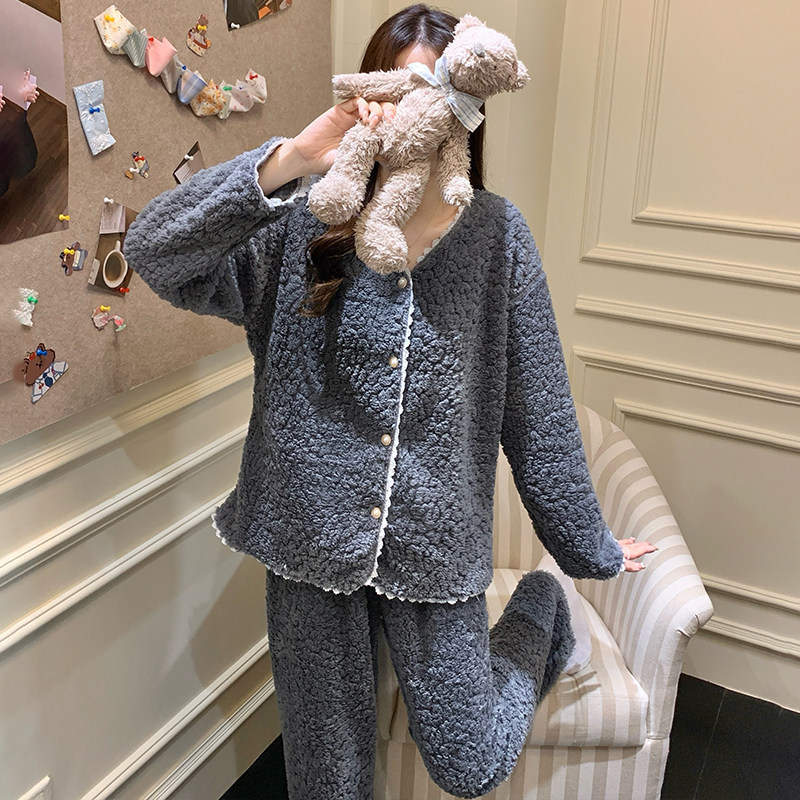 2025新款珊瑚绒睡衣女冬开衫加绒加厚小香风轻奢家居服法兰绒套装 - 图2