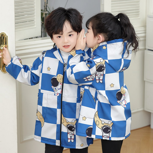 新款儿童罩衣加绒加厚长袖围裙连帽防水防油厨房绘画幼儿园护衣 - 图1