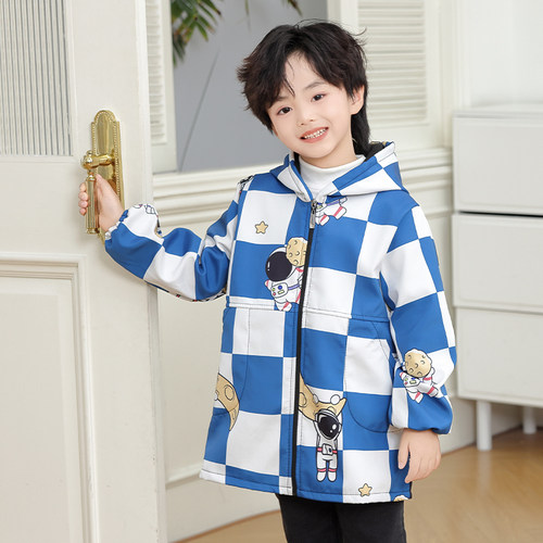 新款儿童罩衣加绒加厚长袖围裙连帽防水防油厨房绘画幼儿园护衣 - 图3