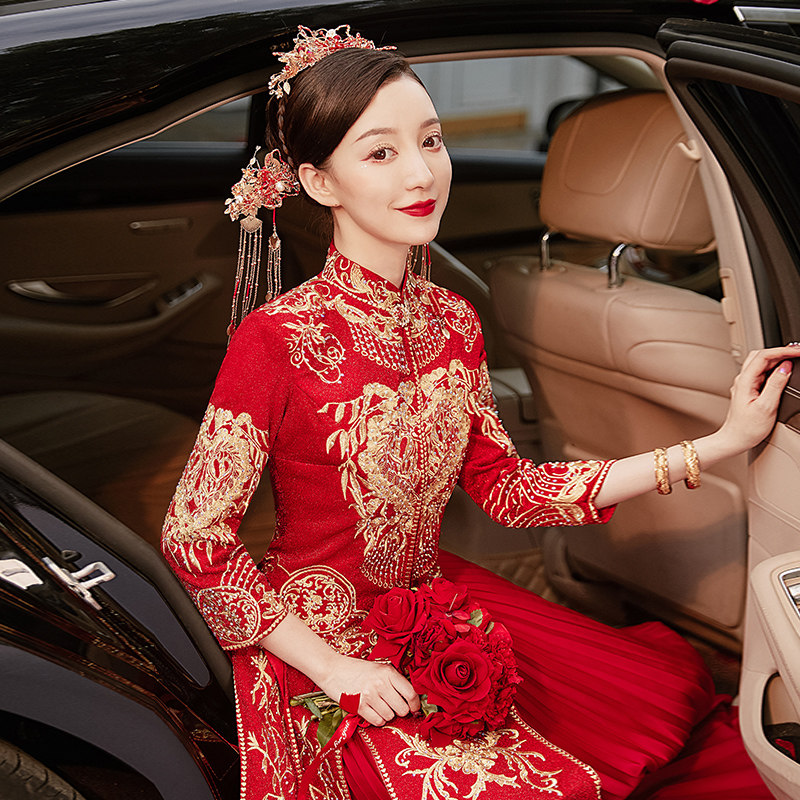 秀禾服2020新款新娘中式秋季秀婚纱 花作衣旗袍