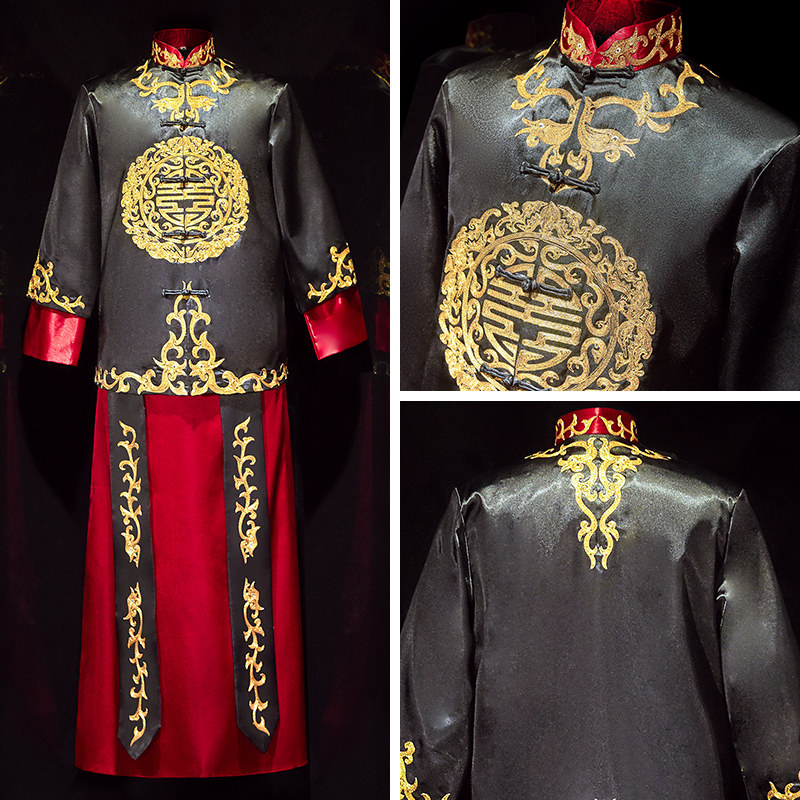 秀禾服新郎2020新款黑色男结婚礼服 花作衣民族服装