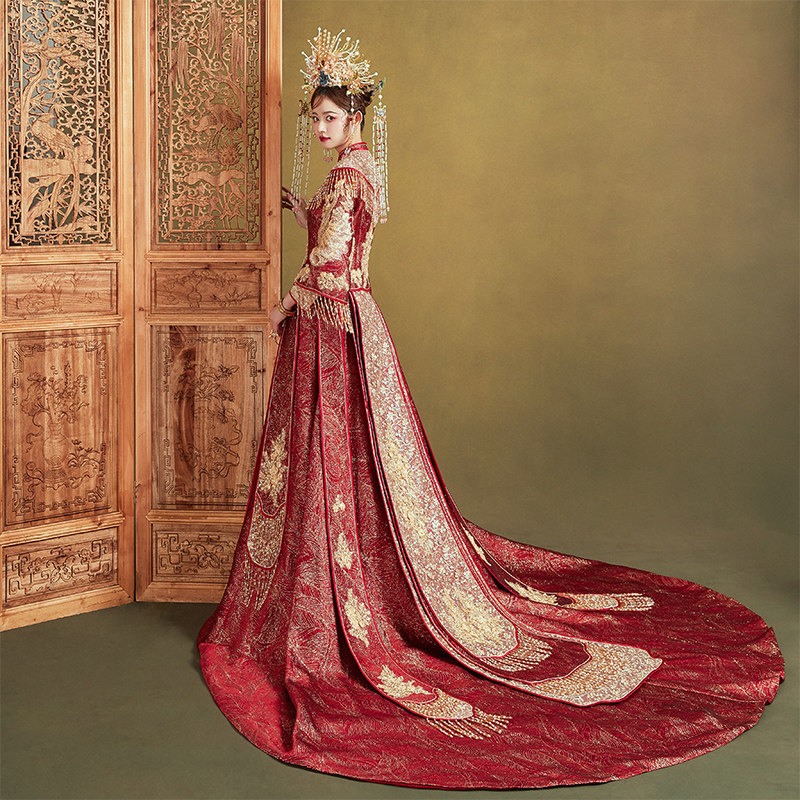 秀禾服新娘2020新款凤冠霞帔婚纱 花作衣旗袍