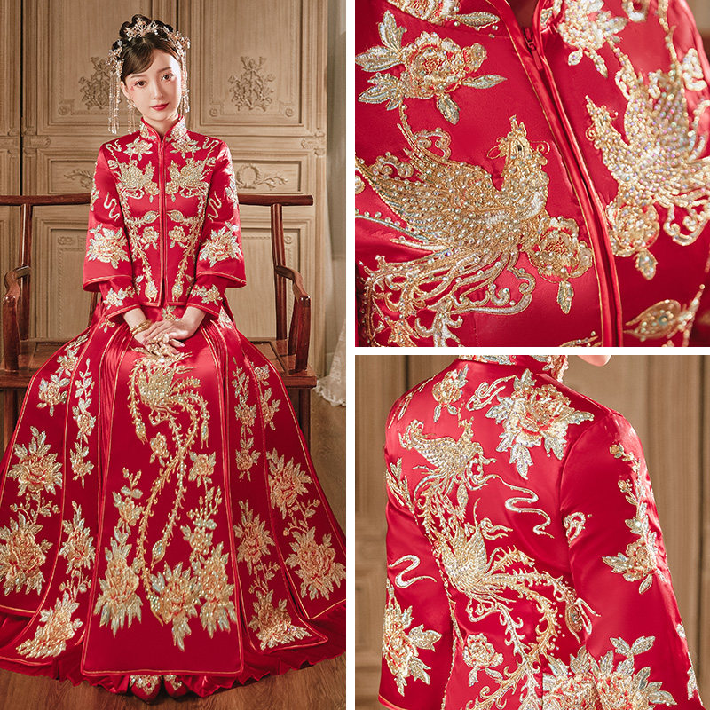 秀禾服2020新款中式结婚礼服新娘服 花作衣旗袍