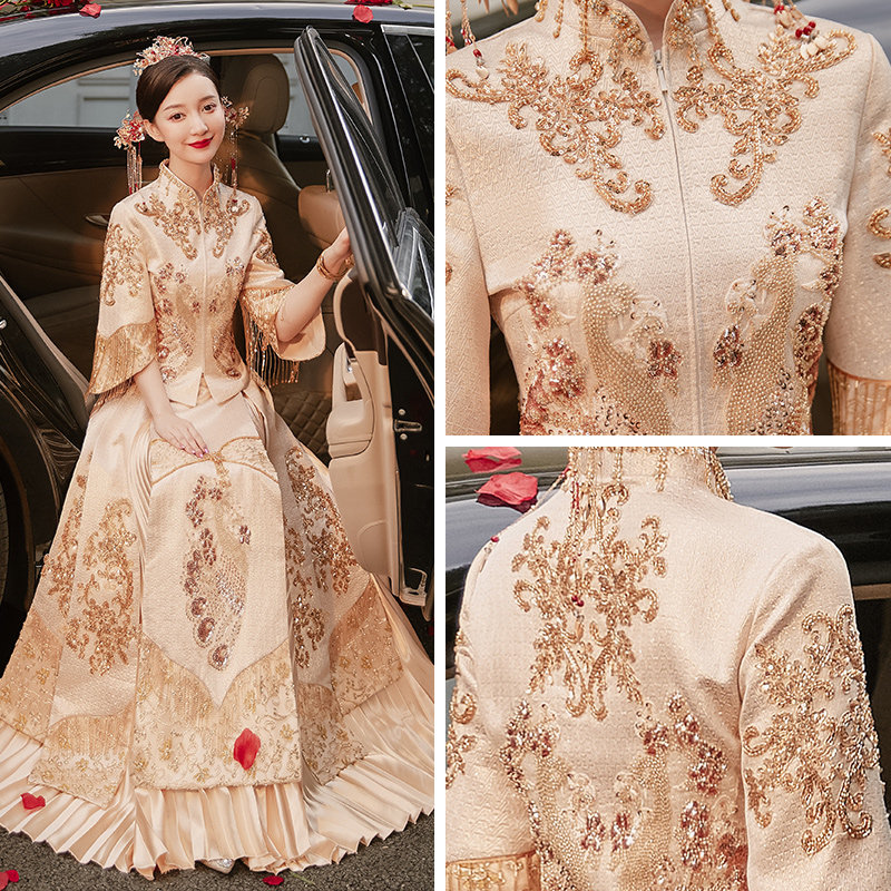 秀禾服2020新款秋季新娘中式秀婚纱 花作衣旗袍