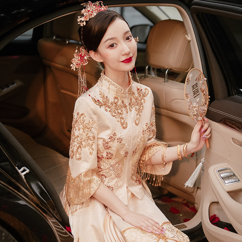 秀禾服2020新款秋季新娘中式秀婚纱 花作衣旗袍