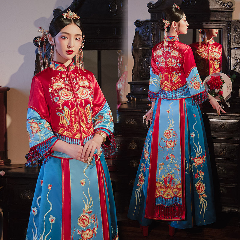 秀禾服2020新款拖尾秀和服中式婚纱 花作衣旗袍