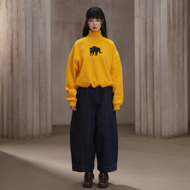 Kamo original new black cat embroidered fleece sweatshirt