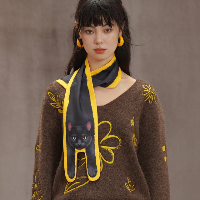 Kamo original little black cat print scarf