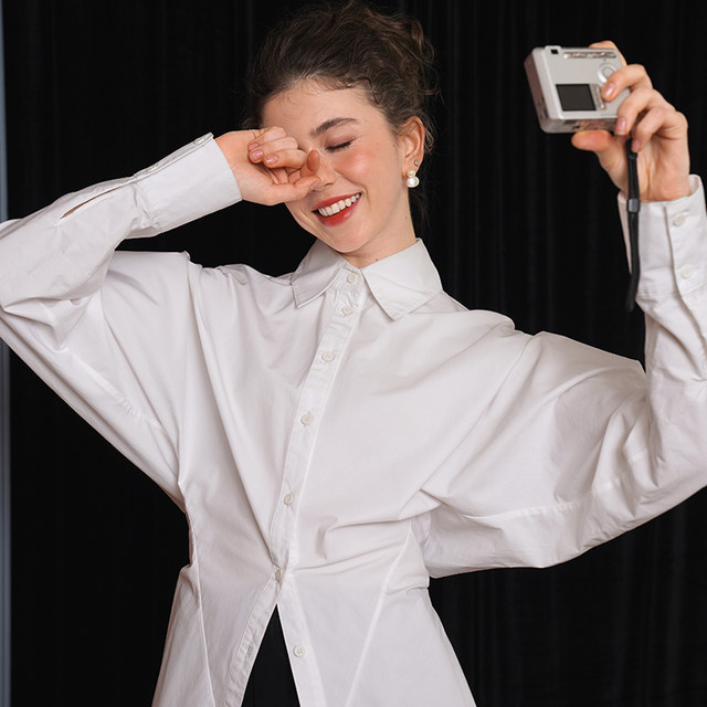 Kamo high-end waist-cinching shirt with draped design, fashionable commuting niche tops, designer slimming women's clothing for winter