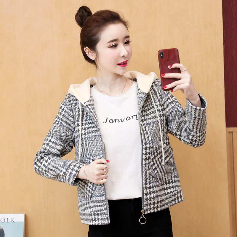 格子毛呢小个子短款秋冬百搭夹克 康媚毛呢外套