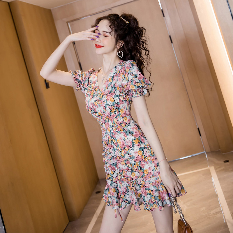 山本挖空v领赫本风碎花女雪纺裙子 柏曼芳连衣裙