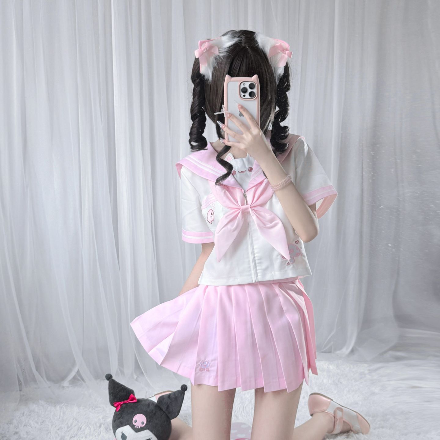 狐兔JK原创甜喵奶芙萌款水手服短袖短裙学院风甜美制服套装女 - 图0
