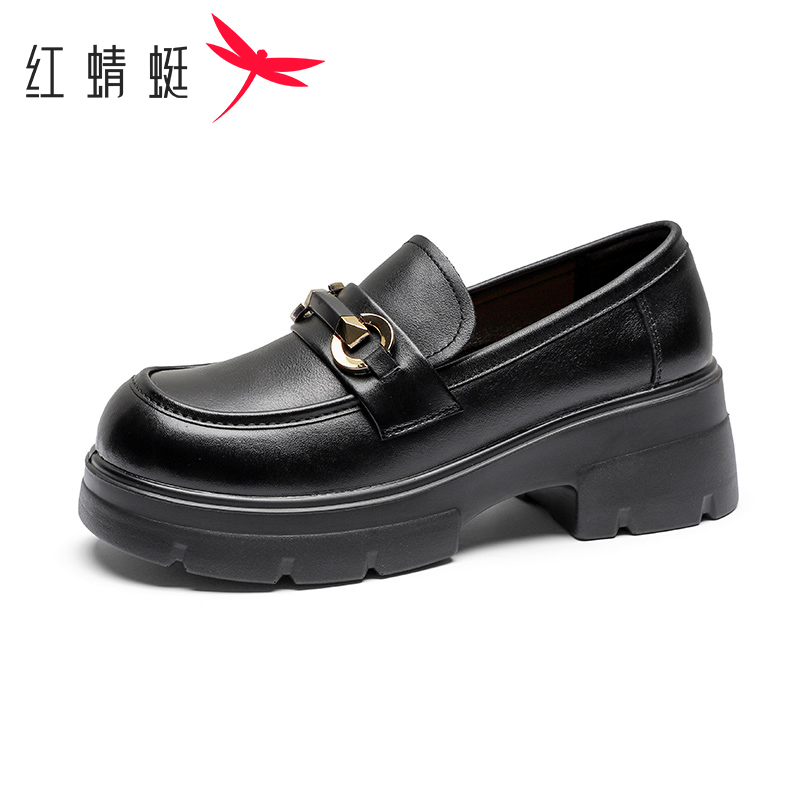 红蜻蜓女鞋2025春季真皮厚底粗跟乐福鞋女时尚百搭高跟英伦小皮鞋