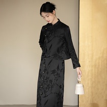 First Cicada New Chinese Womens Dress 2023 Autumn Winter New Black Advanced Sensation Retro Jacquard Commuter National Wind Blouse Suit