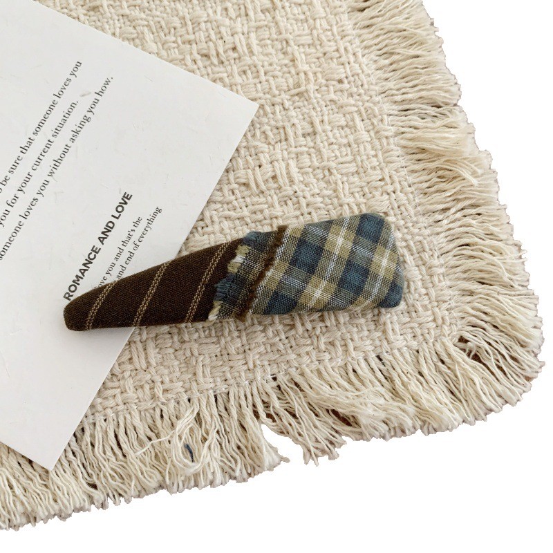 韩国东大门欧尼同款边夹棕色拼布格纹流苏BB夹刘海夹鸭嘴夹发夹 - 图3