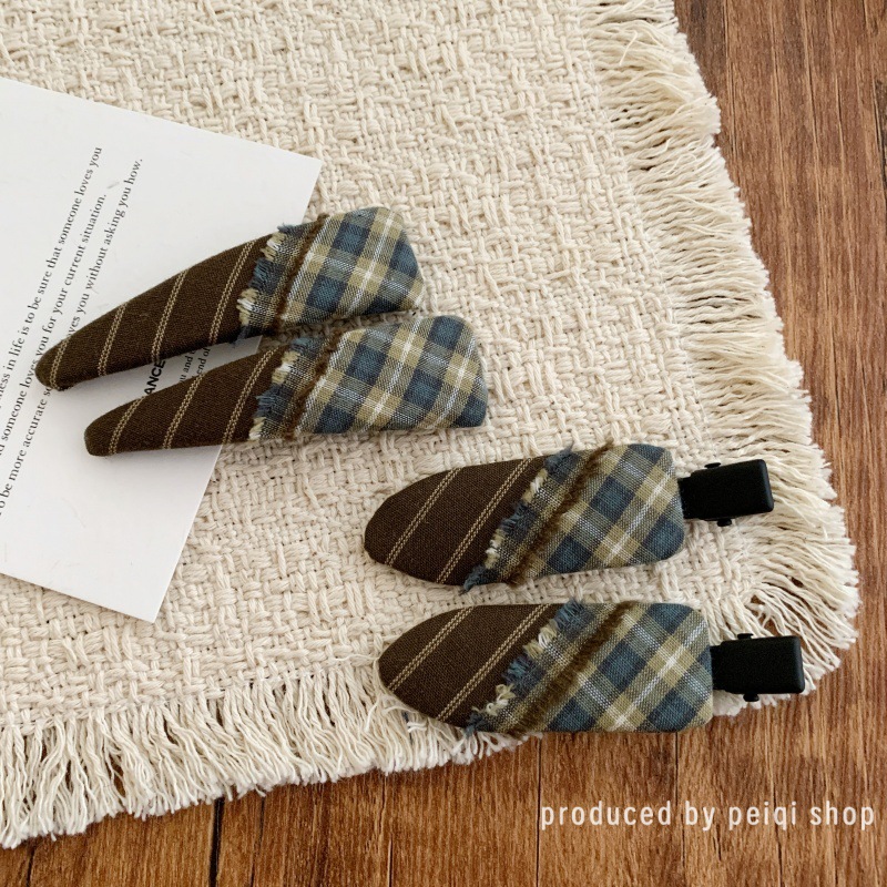 韩国东大门欧尼同款边夹棕色拼布格纹流苏BB夹刘海夹鸭嘴夹发夹 - 图1