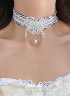 蝴蝶结甜美复古蕾丝项链珍珠锁骨