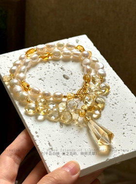 Kisalba【·蜜露珠光·】天然巴西净体黄水晶吊坠项链 淡水珍珠银