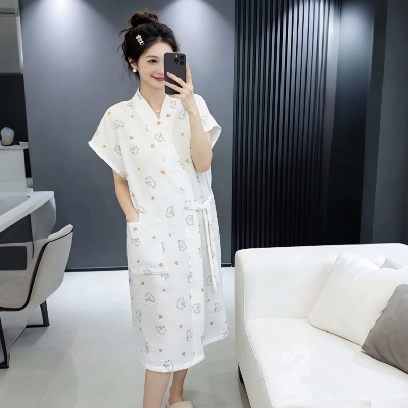 纯棉纱布女士睡袍夏季薄款系绳居家睡裙轻薄透气可穿浴巾速干浴裙
