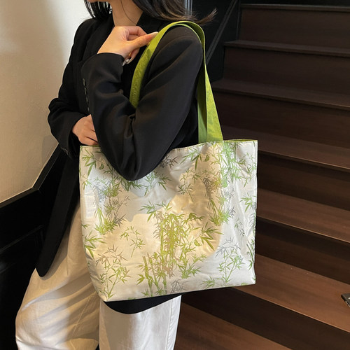 新中式国风帆布包包女式大容量单肩手提袋小众百搭上课通勤托特包 - 图0